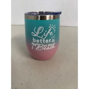 Beach Life Tumbler 12 oz Teal Pink Gradient Insulated Stainless Steel